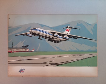 Vintage 70s Aeroflot Ilyushin Il-76 Hand Drawn Aircraft Poster Drawing Color Lithograph