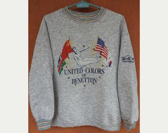 Vintage 80s United Colors of Benetton World Trophy Gymnastics Crewneck Sweatshirt Gray USSR USA Flags (S)