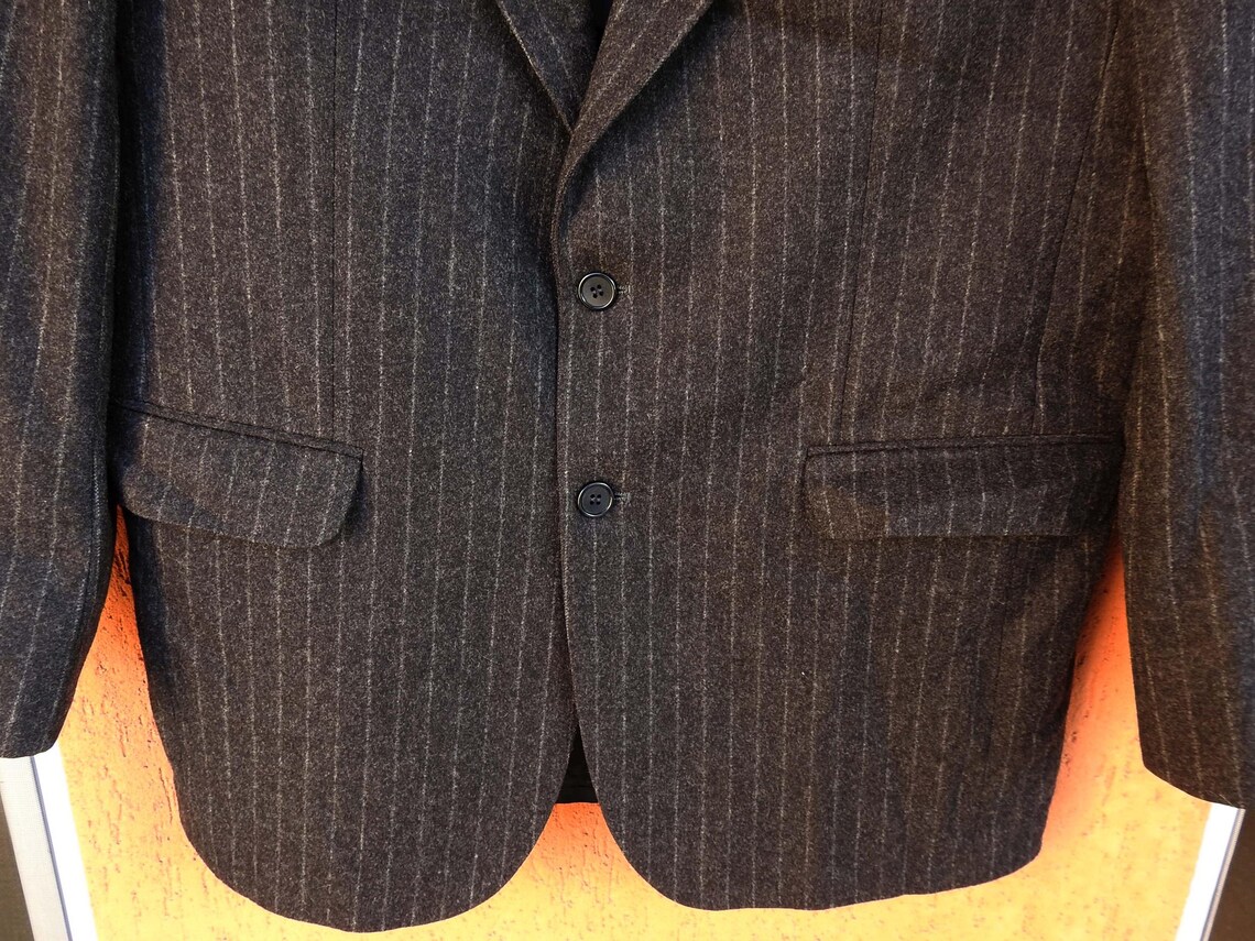 Vintage Savile Row Jacket L - Gray Striped Wool Blazer - Mens Dormeuil Sport Coat, foto 3 di 5