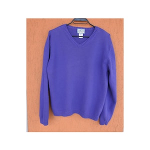 May include: A solid purple V-neck sweater with long sleeves. The sweater is made of a knit fabric and has a ribbed hem and cuffs. The sweater is hanging on a black hanger against a brown background.