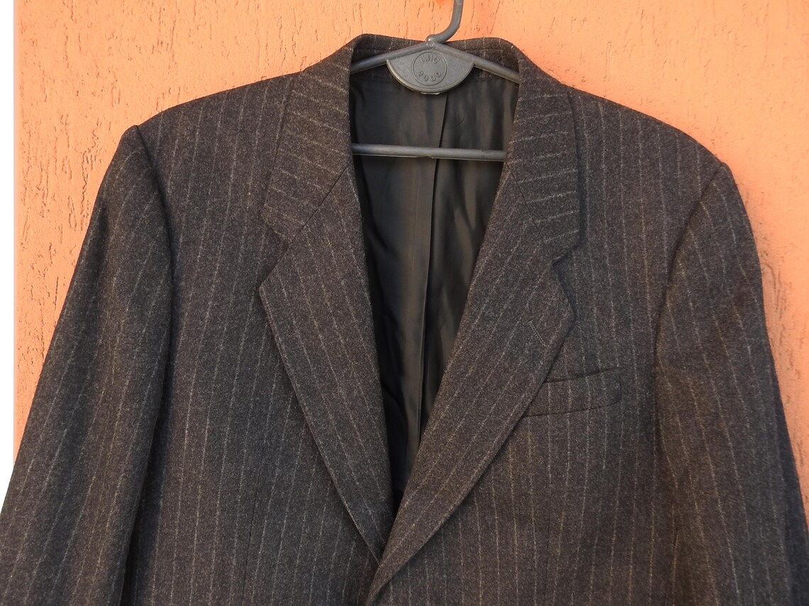 Vintage Savile Row Jacket L - Gray Striped Wool Blazer - Mens Dormeuil Sport Coat, foto 2 di 5