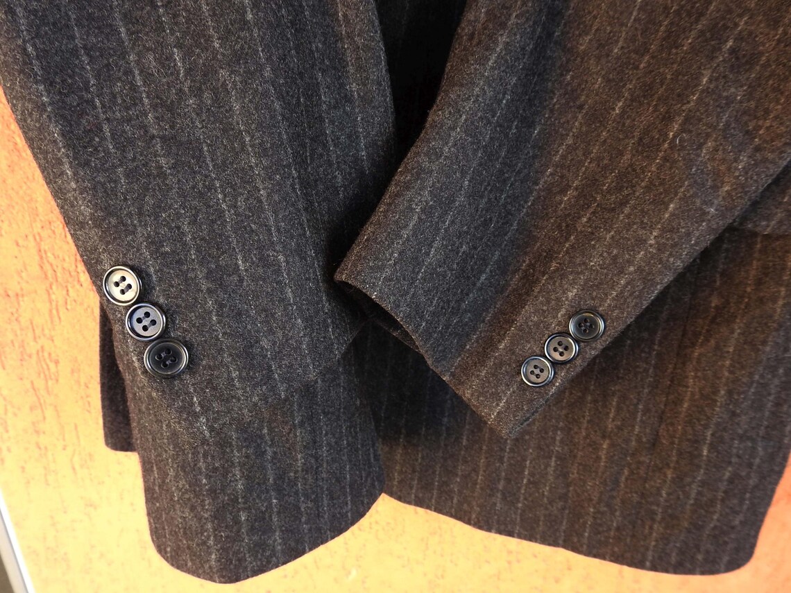 Vintage Savile Row Jacket L - Gray Striped Wool Blazer - Mens Dormeuil Sport Coat, foto 4 di 5