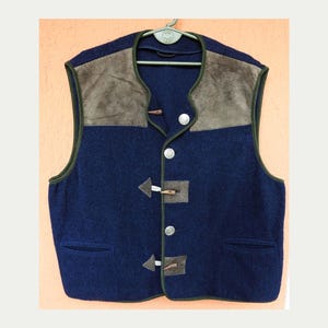 Mens Boiled Wool Cardigan Gillet Coat Jacket Alphorn German Austrian Trachten Traditional Blue (XL) (56)