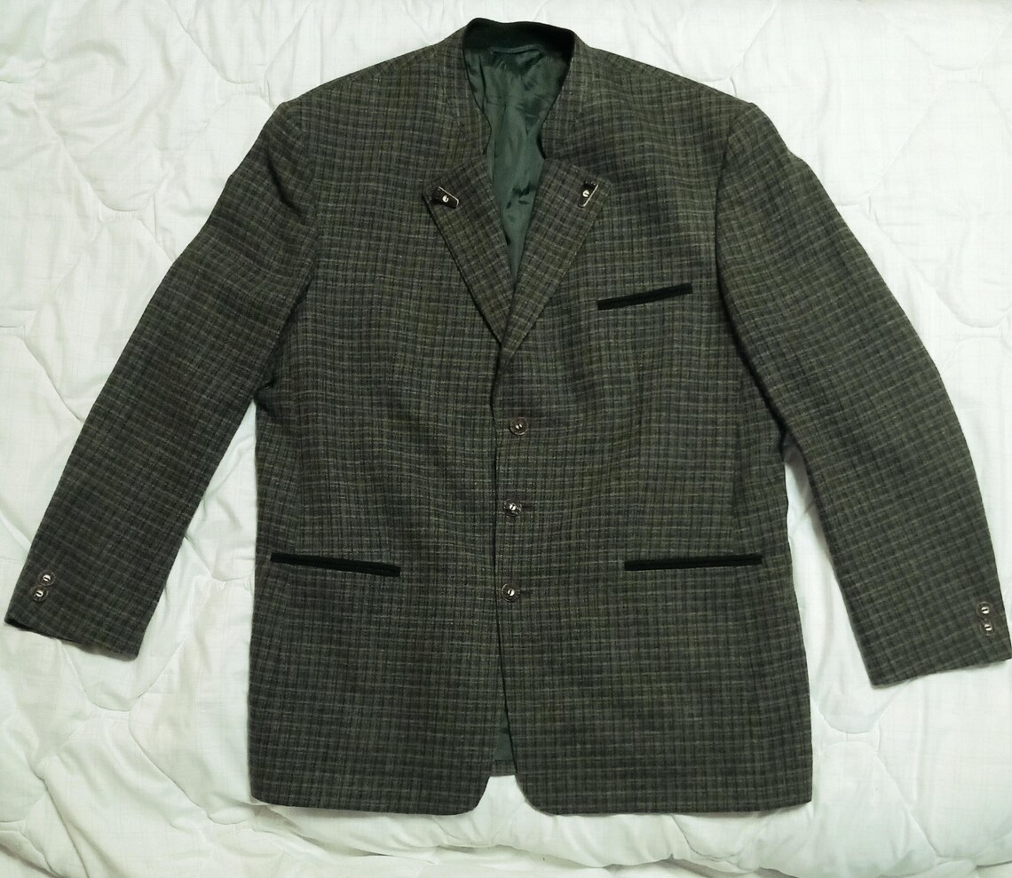 Vintage Trachten Hunting Jacket Alpaca Tyrol Loden Blazer Green Plaid Check US46, EU56, foto 2 di 5