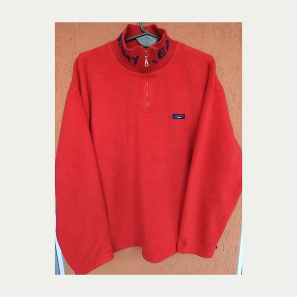 Vintage TOMMY HILFIGER Jeans Fleece Jacket Sweatshirt Red 1/4 Zip (XL)