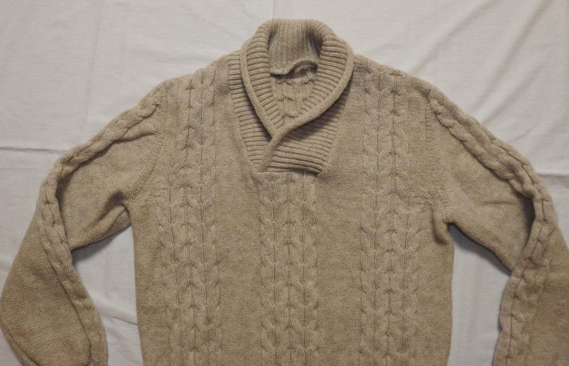 Vintage Italian Cable Knit Wool Sweater Mens Small, Beige Shawl Collar Pullover, foto 2 di 5