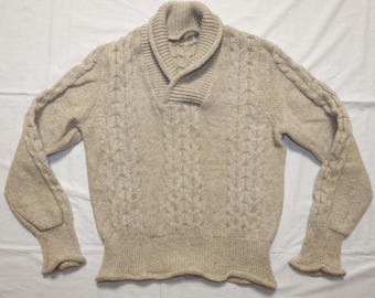 Unbranded Italian Cable Knit Wool Sweater Shawl Collar Beige (S)