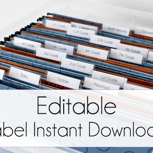 May include: A set of white labels with black text for organising files. The labels are in a clear plastic file holder. The labels include categories such as Pregnancy, Baby, Toddler, Preschool, 1st Grade, 2nd Grade, 3rd Grade, 4th Grade, 5th Grade, 6th Grade, 7th Grade, 8th Grade, 9th Grade, 10th Grade, 11th Grade, 12th Grade, College, Documents, Health Records, and Sports. The text "Editable Label Instant Download" is at the bottom of the image.