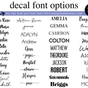 Decal font options chart showing different lettering styles available for personalized name decals. Displays a variety of script, serif, sans serif, bold, and decorative fonts for customizing products.
