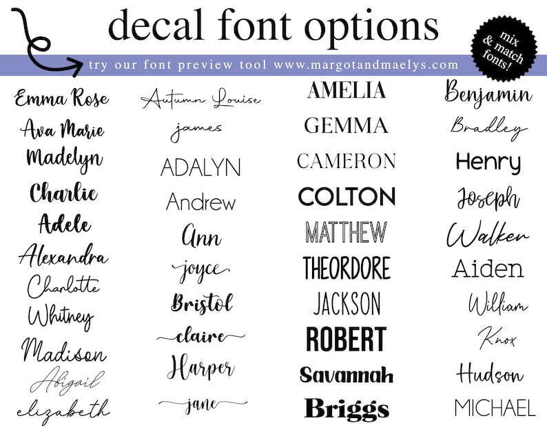 Decal font options chart showing different lettering styles available for personalized name decals. Displays a variety of script, serif, sans serif, bold, and decorative fonts for customizing products.