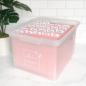 以下が含まれることがあります： 透明な蓋が付いたピンク色の収納ボックス。ラベル付きのファイルフォルダーでいっぱい。ラベルには「幼稚園」、「1年生」、「実績」などのカテゴリーが含まれています。ボックスの前面には「Annie Elizabeth」という名前が印刷されています。