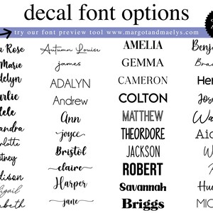 Decal font options chart showing different lettering styles available for personalized name decals. Displays a variety of script, serif, sans serif, bold, and decorative fonts for customizing products.
