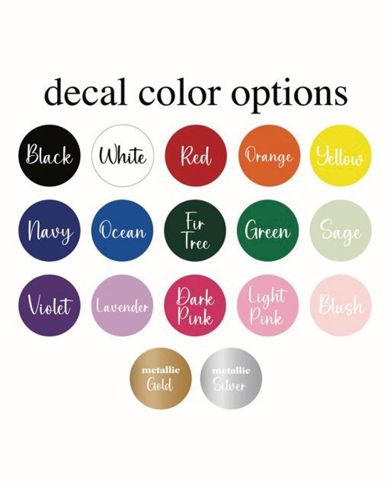 Op de afbeelding: Een kleurenkaart met de titel decal color options met zeventien cirkelvormige stalen in zwart, wit, rood, oranje, geel, marineblauw, oceaanblauw, dennenboomgroen, groen, saliegroen, violet, lavendel, donkerroze, lichtroze, blush, metallic goud en zilver.