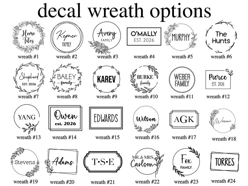 Op de afbeelding: Een verzameling van vierentwintig zwart-witte sticker kransopties gerangschikt in een raster. Elk ontwerp bevat unieke typografie en botanische of geometrische kaders, gelabeld van wreath #1 tot wreath #24, met de titel decal wreath options.