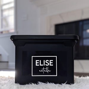 May include: A black storage box with the text "ELISE estelle" in a white square. The box is sitting on a white fluffy rug. The background includes a fireplace and a window.