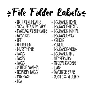 Op de afbeelding: Een zwart-wit grafische afbeelding met de tekst File Folder Labels bovenaan, gevolgd door twee kolommen met opsommingstekens van categorie&euml;n zoals Birth Certificates, Social Security Cards, Insurance, Taxes, Investments, Medical Records en Loans.