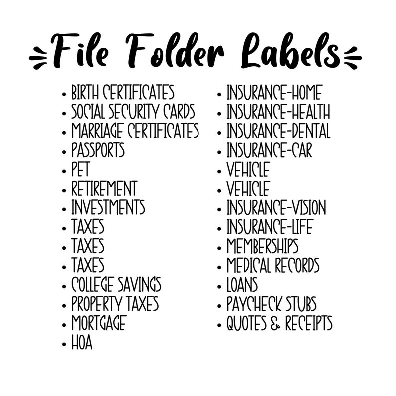 Op de afbeelding: Een zwart-wit grafische afbeelding met de tekst File Folder Labels bovenaan, gevolgd door twee kolommen met opsommingstekens van categorie&euml;n zoals Birth Certificates, Social Security Cards, Insurance, Taxes, Investments, Medical Records en Loans.