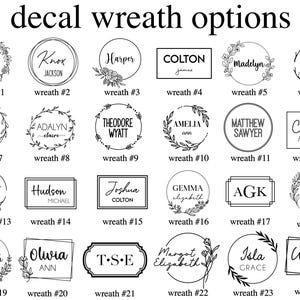 May include: A collection of 24 decal wreath options with names and text. The designs include circular, rectangular, and oval shapes, each with a unique font and decorative elements like leaves and floral accents. The text "decal wreath options" is at the top.