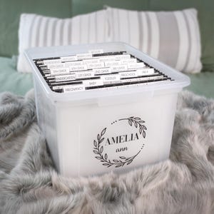 以下が含まれることがあります： ラベル付きのファイルフォルダーが入った透明なプラスチック製の収納ボックス。ラベルには「幼稚園」、「1年生」、「妊娠」などのカテゴリーが含まれています。ボックスには「Amelia ann」という名前の白黒の花柄のデザインが施されています。