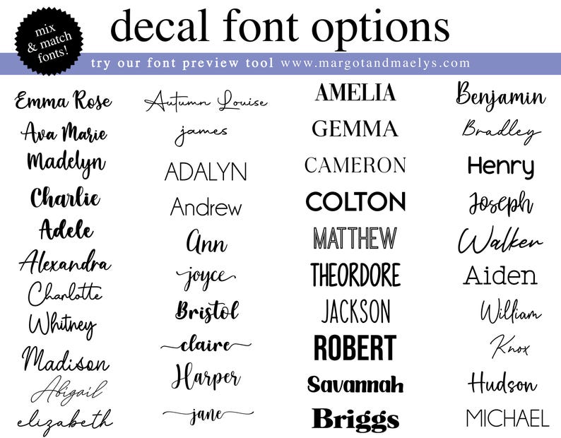 Op de afbeelding: Een wit overzicht met lettertypeopties voor stickers, voorzien van de kop decal font options en de URL www.margotandmaelys.com. De lijst bevat diverse namen in verschillende letterstijlen, vari&euml;rend van cursieve schriften tot dikke blokletters.