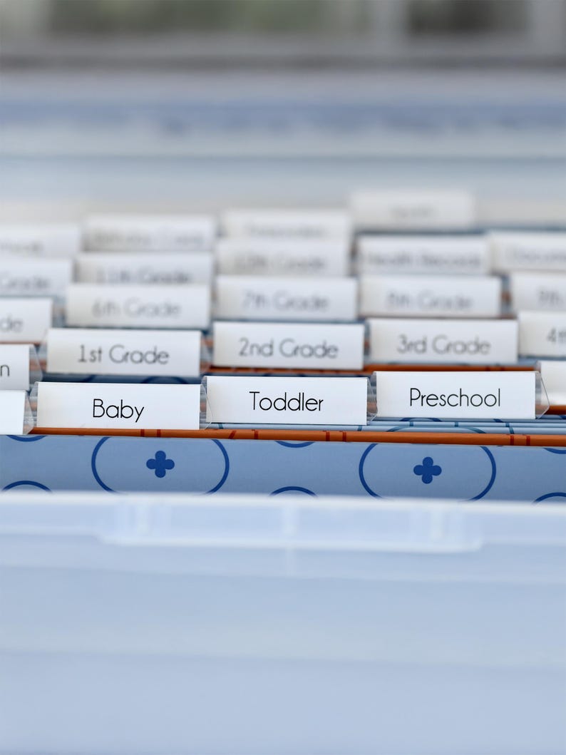 May include: A light blue storage container with labeled dividers. Labels include "Baby", "Toddler", "Preschool", and grade levels. The container has a blue and white patterned design.