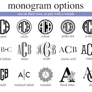 Op de afbeelding: Een overzicht getiteld monogram options met vijftien zwart-witte letterontwerpen. De stijlen omvatten rond, cirkel, uitgesneden, stippen, schulprand, gestippelde initialen, inline, script, klassieke serif, vintage, schild, minimaal, mandala, bloemmotief en duo.