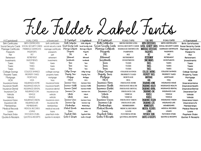 Op de afbeelding: Een zwart-wit grafiek met de titel File Folder Label Fonts die verschillende tekststijlen weergeeft, gelabeld van A tot H. Elke kolom bevat documentcategorie&euml;n zoals Birth Certificates, Social Security Cards en Taxes in verschillende typografie.