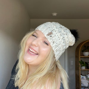 Tweed & Cream Colored Beanie, White Winter Hat with Pom Pom