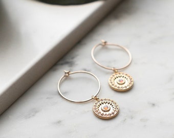 Celestial Opal Boho Circle Charm Hoops, Dainty Delicate 14k Gold Filled Earrings, Layering Earrings, Bridal Best Friend Girlfriend Gift