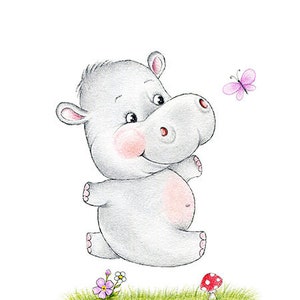 Baby Hippopotamus Nursery Art Print, Children Wall Decor, Kids Wall Art, Baby Room Wall Art, Animal Illustration, Children Art Print