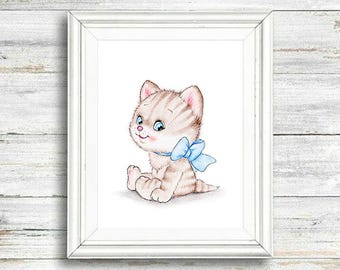 Kitten Nursery Art, Animal Nursery Print, Children Art Print, Kids Wall Art, Boy Baby Room Décor, Cat Nursery Decor