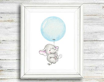 May include: A gray elephant holding onto a light blue balloon. The elephant is sitting on the balloon and has a pink nose and ears.