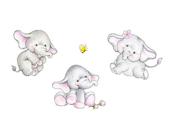 Baby Elefanten Set Kinderzimmer Poster, Kinder wanddeko, Kinderzimmer Wandkunst, Babyzimmer Wandkunst, Tier Illustration, Elefant Clipart