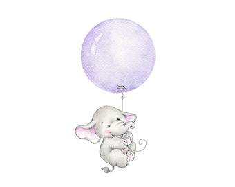 Baby Elefant Kinderzimmer Druck, Kinder Wand Dekor, Kinder Wandkunst, Baby Zimmer Wandkunst, Tier Illustration, Aquarell Lila Ballon Druck