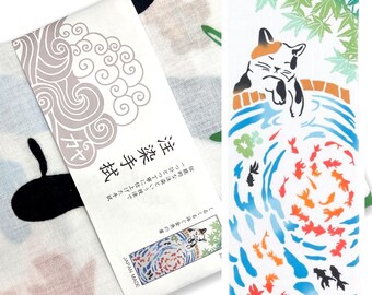 Deluxe Calico Cat Fishing for Goldfish Tenugui / Hand Towel (34cm x 92cm)