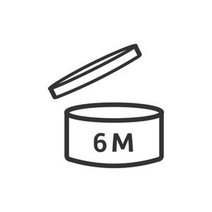 May include: Black and white graphic of an open jar with a lid. The jar has the number "6" and the letter "M" printed on the front, indicating a product's period-after-opening (PAO) symbol, suggesting a 6-month lifespan after opening.