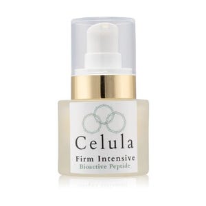 May include: A skincare product bottle with a white pump and clear cap. The bottle has a gold band and a label with the word "Celula" and "Firm Intensive Bioactive Peptide". The bottle is on a white background.
