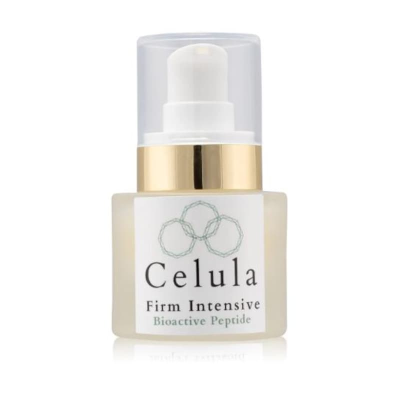 May include: A skincare product bottle with a white pump and clear cap. The bottle has a gold band and a label with the word "Celula" and "Firm Intensive Bioactive Peptide". The bottle is on a white background.