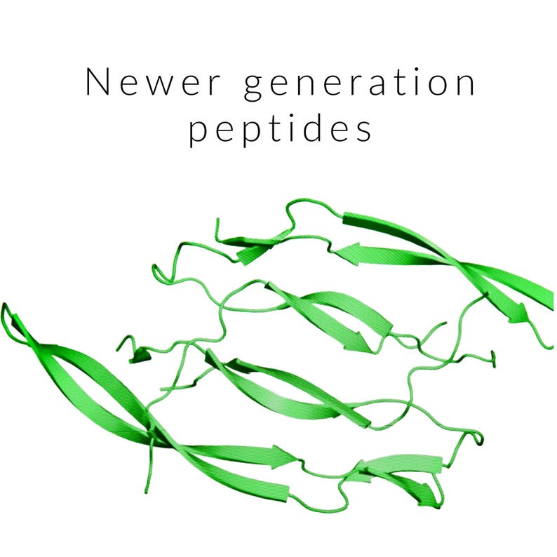 Op de afbeelding: Een grafische illustratie van een groene peptide structuur tegen een witte achtergrond. De tekst "Newer generation peptides" staat erboven. De afbeelding is een wetenschappelijke of educatieve representatie.