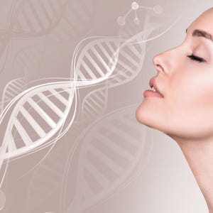 May include: A woman with closed eyes and a serene expression, set against a backdrop of abstract DNA strands. The image has a soft, neutral color palette, with the DNA strands in a lighter shade.