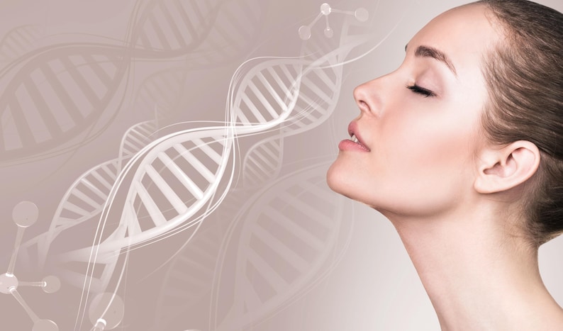 May include: A woman with closed eyes and a serene expression, set against a backdrop of abstract DNA strands. The image has a soft, neutral color palette, with the DNA strands in a lighter shade.