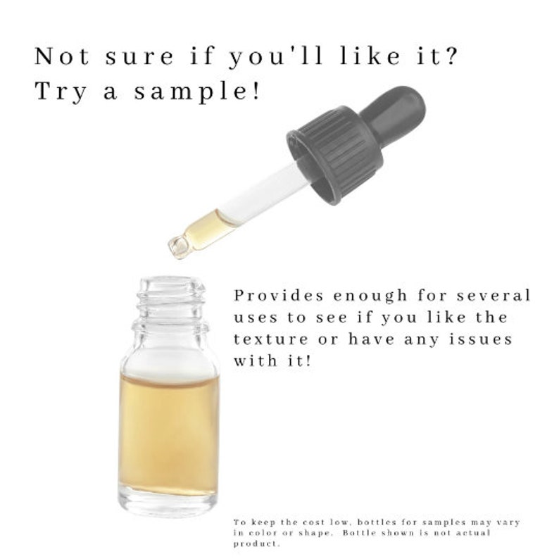 Peut inclure: Une bouteille en verre transparent avec un compte-gouttes rempli d'un liquide ambr&eacute; clair. La bouteille est &eacute;tiquet&eacute;e "Essayez un &eacute;chantillon !" et indique "Fournit suffisamment pour plusieurs utilisations pour voir si vous aimez la texture ou si vous rencontrez des probl&egrave;mes !"