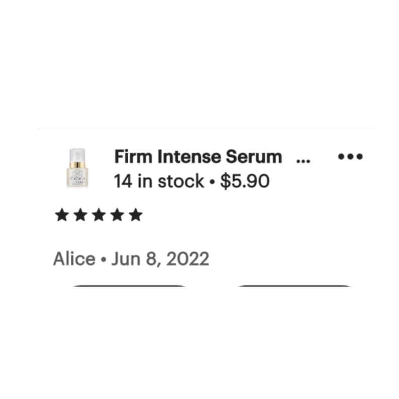 May include: A small, rectangular bottle of Firm Intense Serum with a gold-colored cap. The product is displayed with a five-star rating and the text "Firm Intense Serum". The image also includes the text "Alice &bull; Jun 8, 2022".