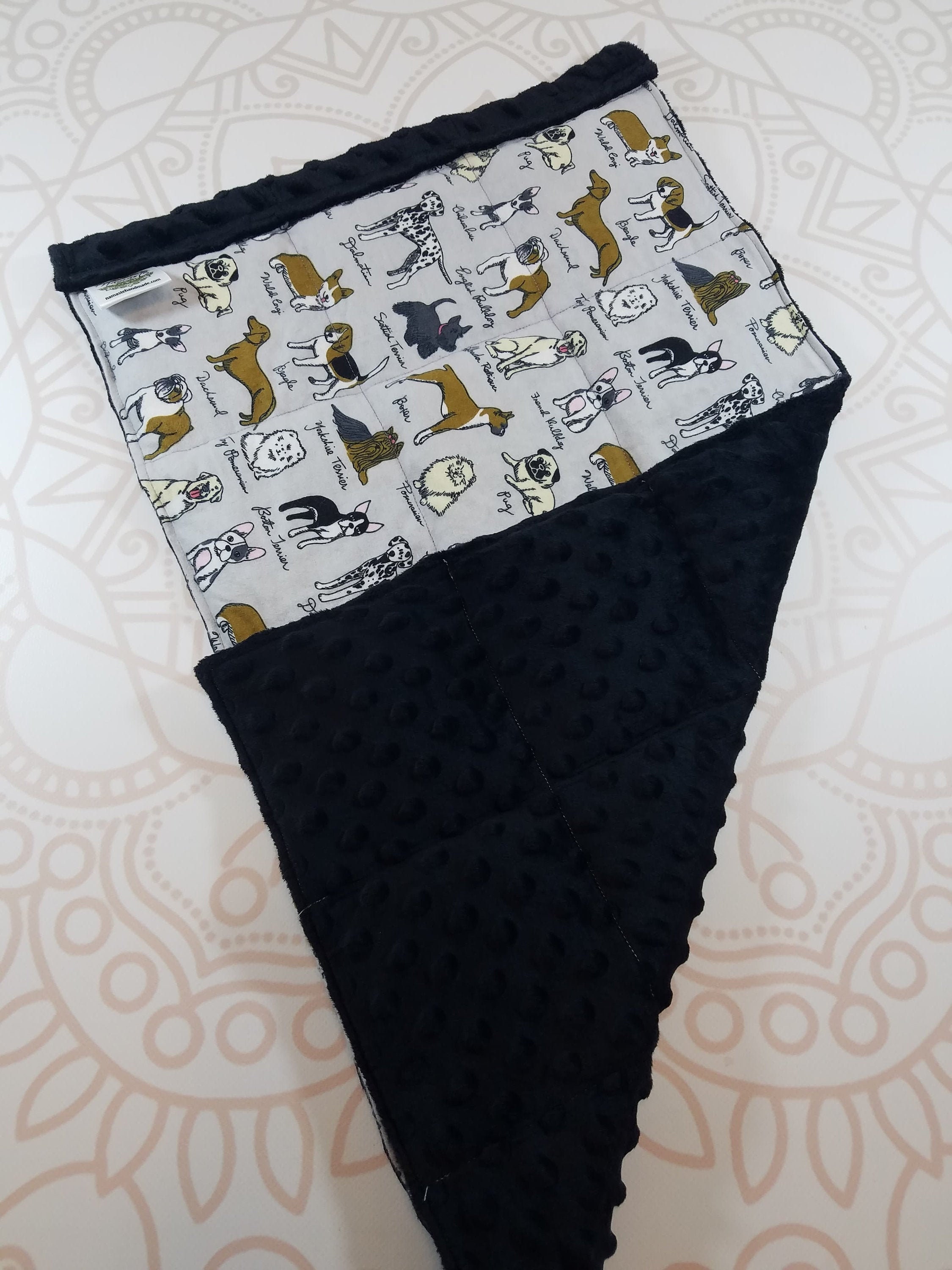READY TO SHIP, Dog Breed Front, Black Minky Back, Lap Pad/Weighted