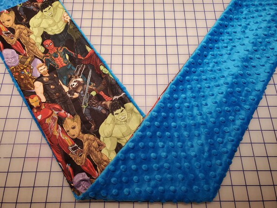 Weighted Neck Wrap, Super Hero Print with Blue Minky, 32x7 Inches, 3 to 6 Pounds, Weighted Shoulder Wrap, Minky Adult Weighted Neck Wrap