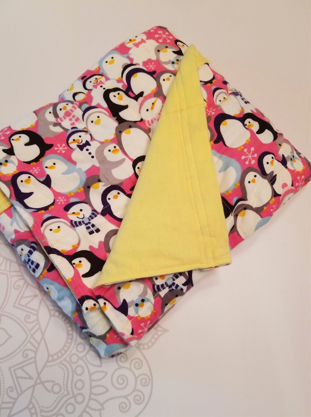 READY to SHIP, Weighted Blanket, 40429 Pounds, Penguins, Yellow Flannel Back, Sensory Blanket