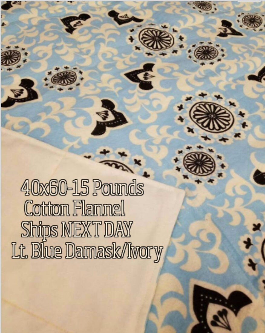 Weighted Blanket, 15 Pound, Light Blue Damask, Ivory Backing, 40x60, READY TO SHIP, Twin Size