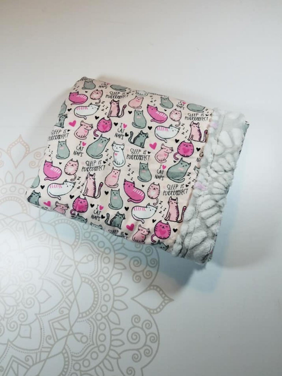 Ready To Ship, 4 Pound, 28x32, Sleepy Cats, Pink Gray Embossed Minky