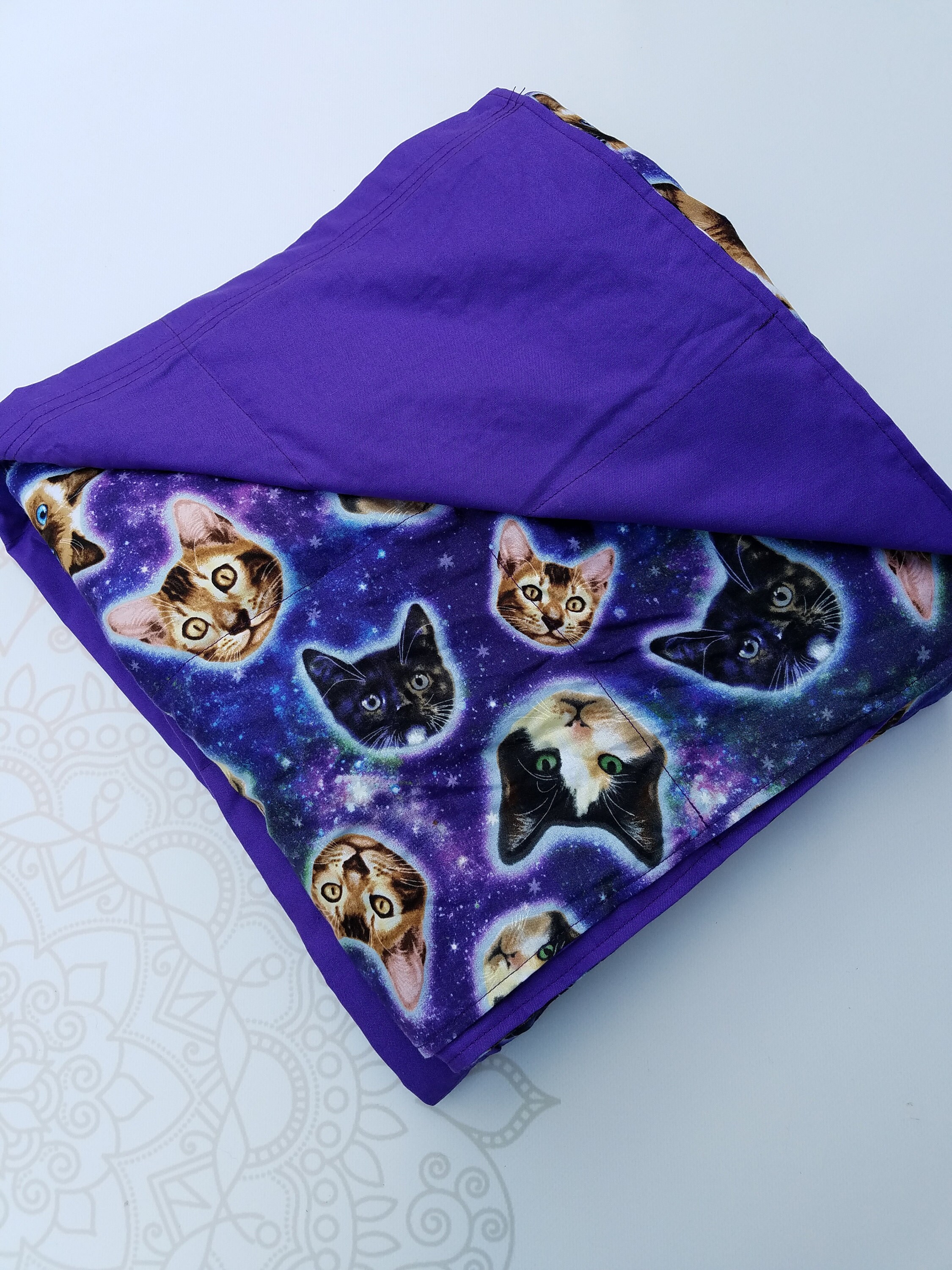 READY to SHIP, Weighted Blanket, 40x5010 Pounds, Space Cat Cotton Front, Royal Purple Woven