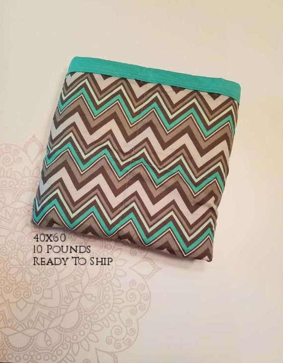 READY to SHIP, Weighted Blanket, 40x60-10 Pounds, Gray Mint Chevron Cotton Front, Teal Woven Cotton Back, Sensory Blanket, Calming Blanket,